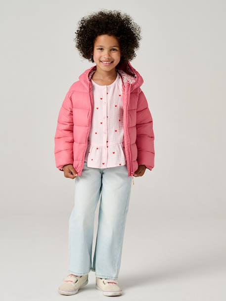 Lightweight hooded puffer jacket for girls grey green+navy blue+old rose+rose 