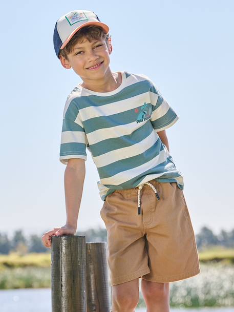 Boy's t-shirt with wide stripes and chest motif orange+striped green 