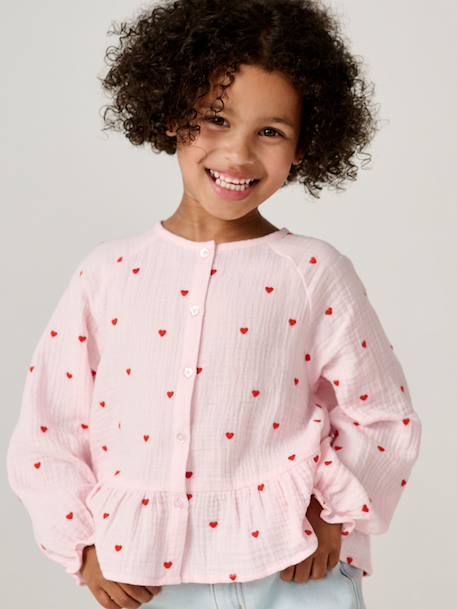 Girl's cotton gauze shirt aqua green+pale pink 