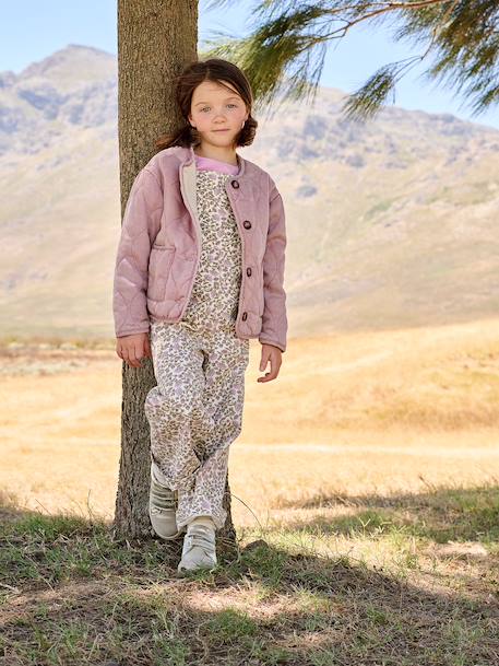 Girl's sherpa-lined quilted jacket anthracite+rose 