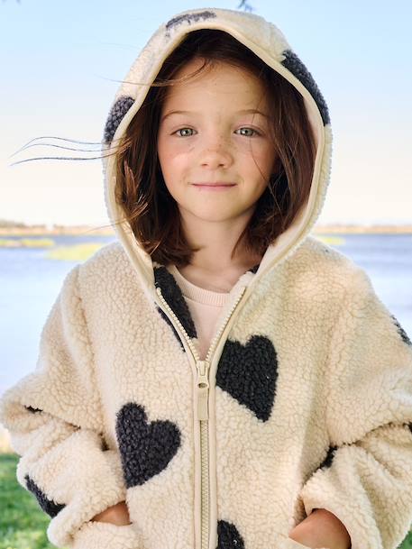 Girls' floral pop hooded sherpa jacket ecru+mauve+vanilla 