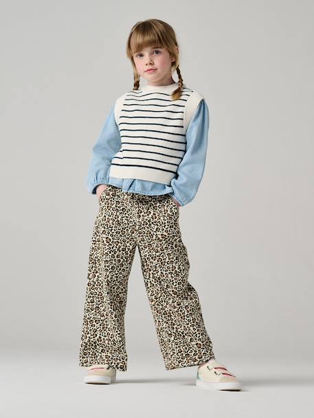 Wide-leg paperbag leopard print trousers for girls beige+chocolate+multicoloured+vanilla 