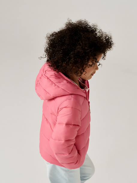 Lightweight hooded puffer jacket for girls grey green+navy blue+old rose+rose 