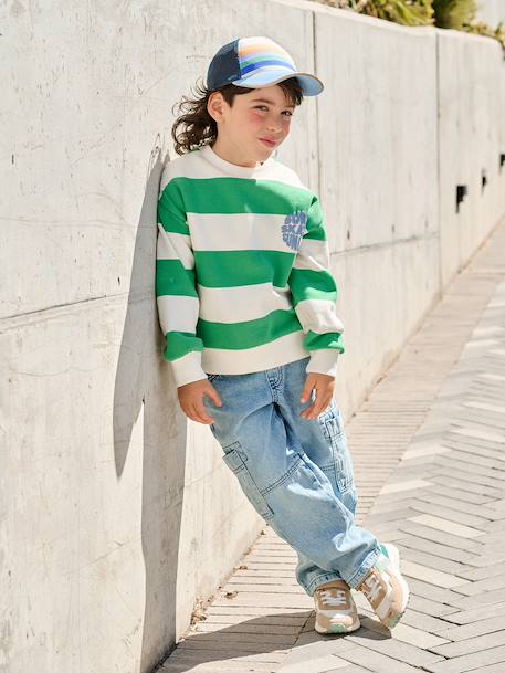 Striped boy's sweatshirt with placed motif pistachio+striped yellow 