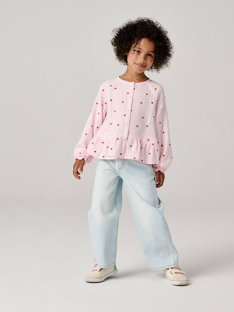 Girl's cotton gauze shirt aqua green+pale pink 