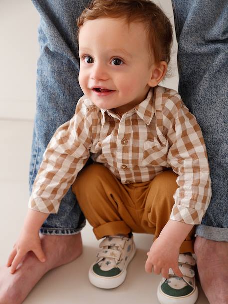 Baby boy's cotton muslin shirt chequered beige 