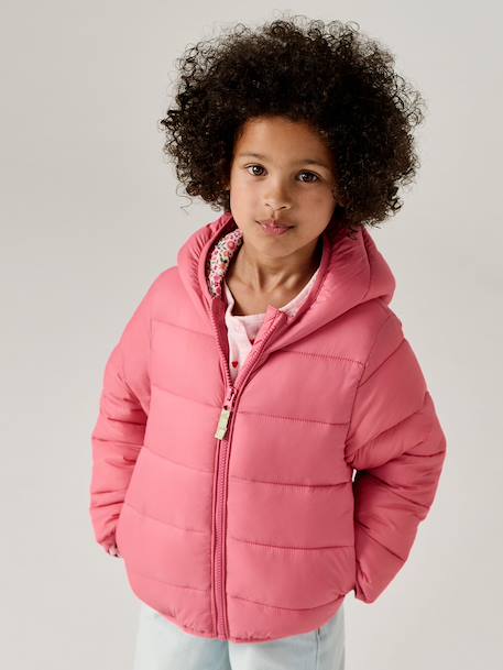 Lightweight hooded puffer jacket for girls grey green+navy blue+old rose+rose 