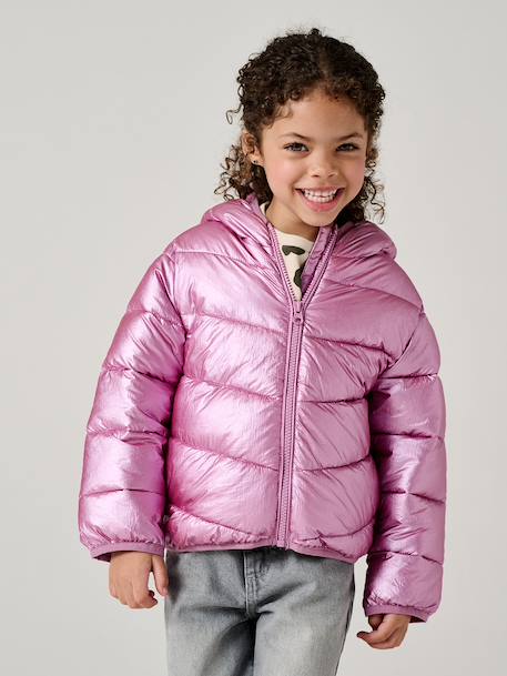 Lightweight hooded puffer jacket with a shimmer effect for girls pale pink+rose 