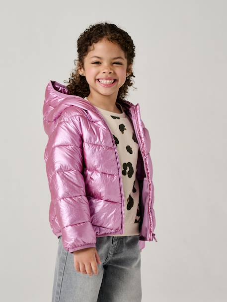 Lightweight hooded puffer jacket with a shimmer effect for girls pale pink+rose 