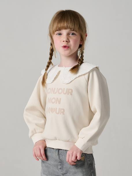Girl's sweatshirt with English embroidery collar and flocked velvet message ecru+marl grey+mauve+pale pink+red 