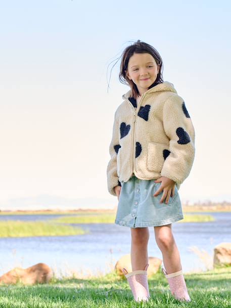 Girls' floral pop hooded sherpa jacket ecru+mauve+vanilla 