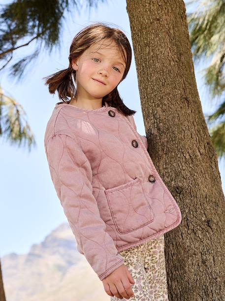 Girl's sherpa-lined quilted jacket anthracite+rose 