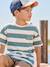 Boy's t-shirt with wide stripes and chest motif orange+striped green 