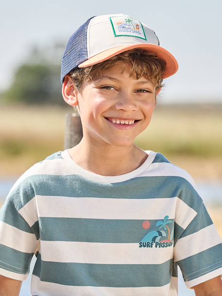 Boy's t-shirt with wide stripes and chest motif orange+striped green 