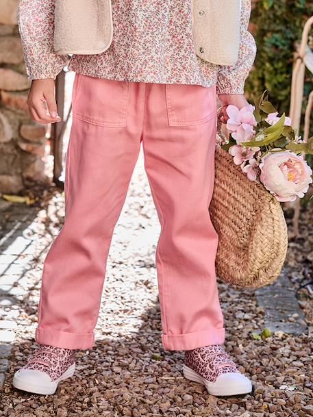 Fluid Paperbag-Style Trousers for Girls khaki+rose 