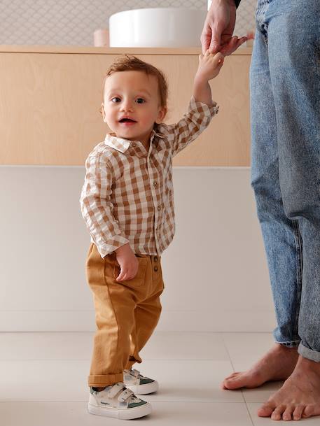 Baby boy's cotton muslin shirt chequered beige 