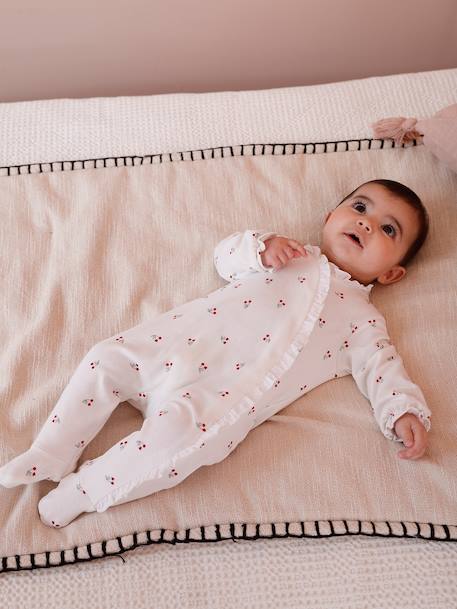 Sleepsuit for newborn girls with a cherry print ecru 