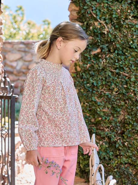 Girl's blouse with smocked sleeves ecru+ivory+pale pink+sage green+vanilla 