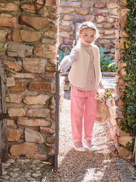Fluid Paperbag-Style Trousers for Girls khaki+rose 