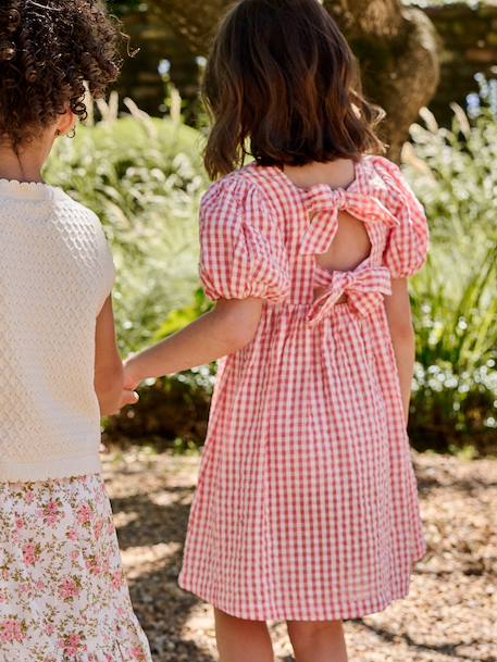 Gingham girl's dress with bows on the back coral 