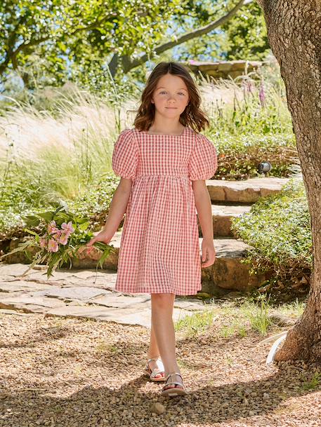 Gingham girl's dress with bows on the back coral 