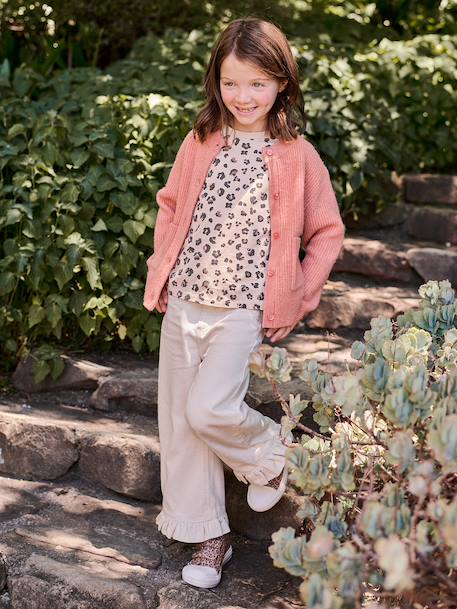 Girl's wide-leg trousers with frills ecru+lilac 