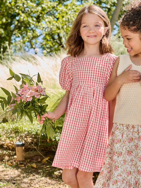 Gingham girl's dress with bows on the back coral 