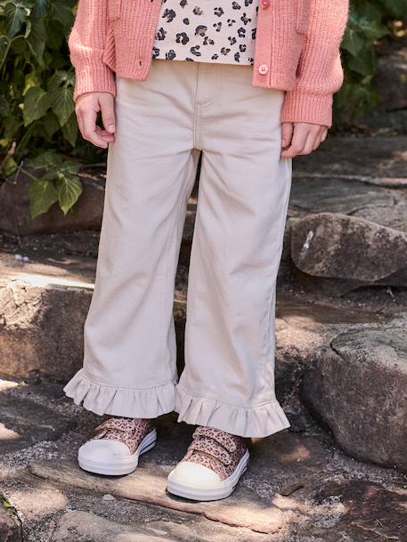 Girl's wide-leg trousers with frills ecru+lilac 