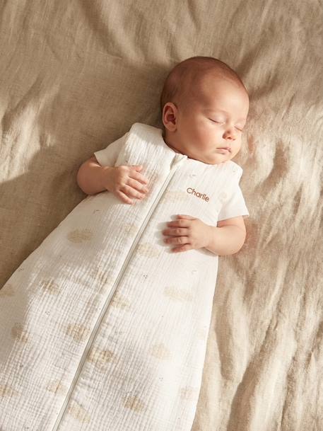 Sleeveless baby sleeping bag with central opening, customisable, IN THE CLOUDS printed white 