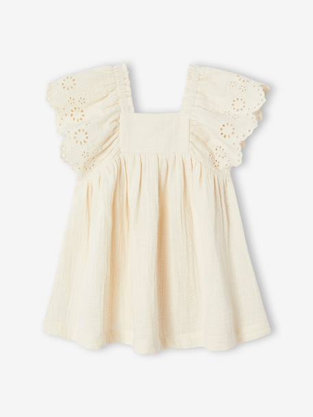 Cotton Gauze Dress for Babies ecru+red 