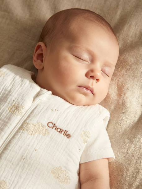 Sleeveless baby sleeping bag with central opening, customisable, IN THE CLOUDS printed white 