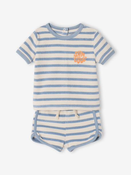 Terry Cloth Shorts + T-Shirt Ensemble for Babies striped blue+taupe 