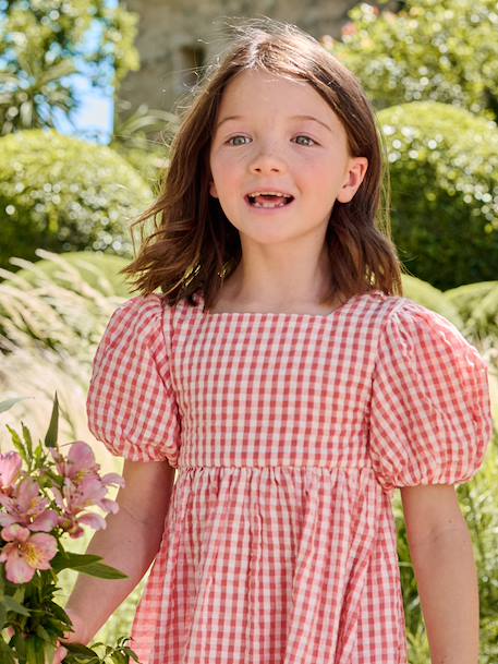 Gingham girl's dress with bows on the back coral 