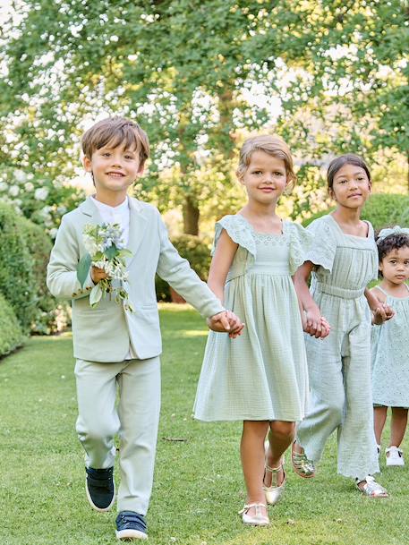 Cotton Gauze Occasion Wear Dress with Broderie Anglaise Sleeves, for Girls pale pink+sage green 