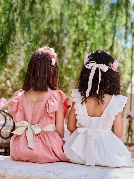 Occasion Wear Dress with Golden Sash for Girls blush+white 