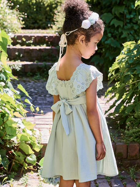 Cotton Gauze Occasion Wear Dress with Broderie Anglaise Sleeves, for Girls pale pink+sage green 