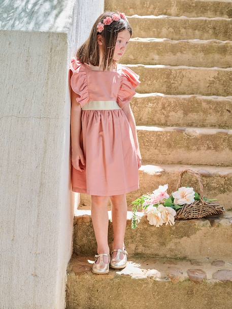 Occasion Wear Dress with Golden Sash for Girls blush+white 