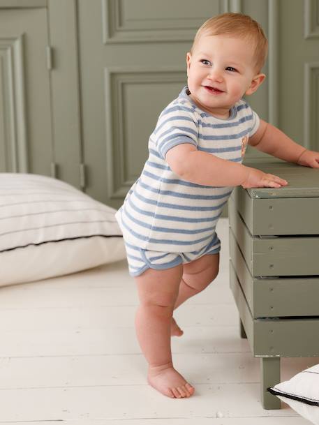 Terry Cloth Shorts + T-Shirt Ensemble for Babies striped blue+taupe 