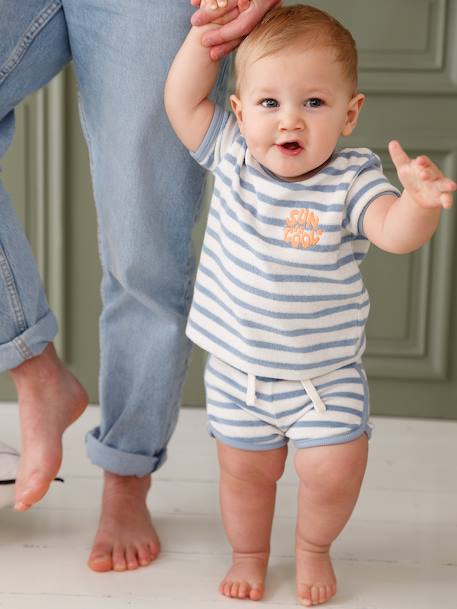 Terry Cloth Shorts + T-Shirt Ensemble for Babies striped blue+taupe 