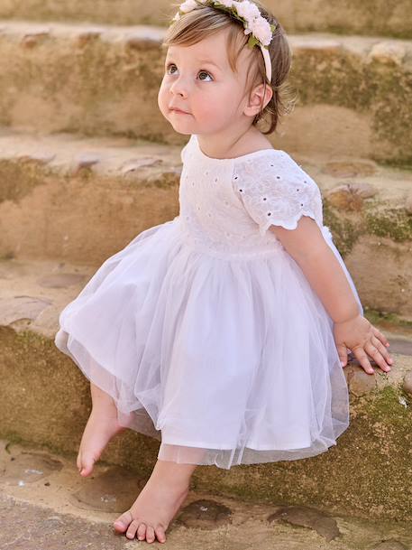Embroidered Tulle Dress for Baby Girls white 