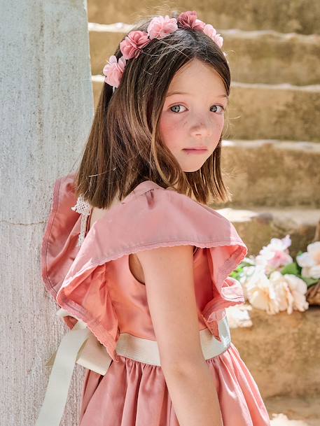 Occasion Wear Dress with Golden Sash for Girls blush+white 