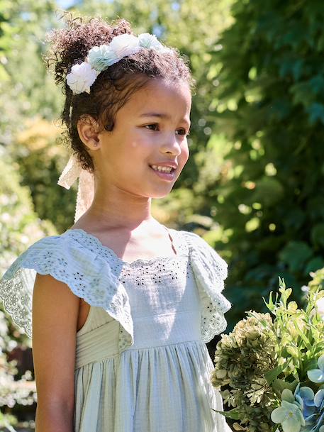 Cotton Gauze Occasion Wear Dress with Broderie Anglaise Sleeves, for Girls pale pink+sage green 