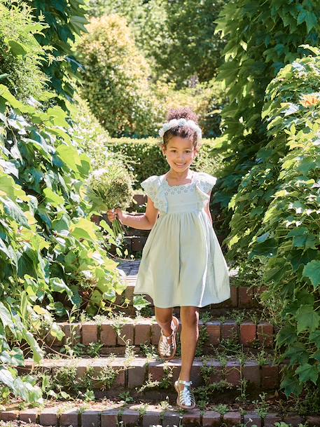 Cotton Gauze Occasion Wear Dress with Broderie Anglaise Sleeves, for Girls pale pink+sage green 