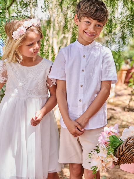 Linen Shirt with Mandarin Collar for Boys sage green+white 