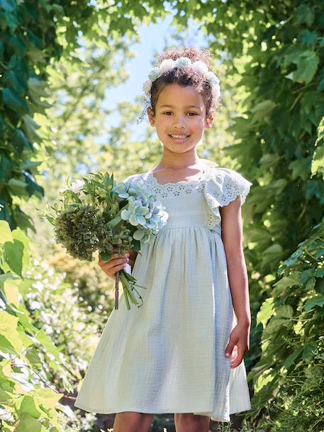 Cotton Gauze Occasion Wear Dress with Broderie Anglaise Sleeves, for Girls pale pink+sage green 