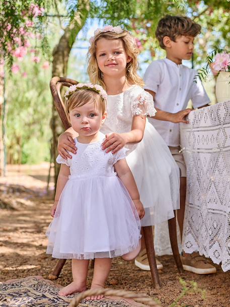 Embroidered Tulle Dress for Baby Girls white 