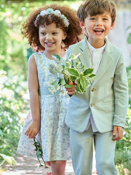 Ceremony suit with Mao collar shirt, jacket and trousers for boys aqua green+beige+sky blue 