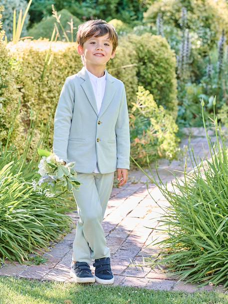 Ceremony suit with Mao collar shirt, jacket and trousers for boys aqua green+beige+sky blue 