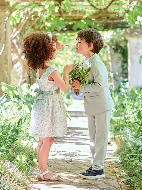 Ceremony suit with Mao collar shirt, jacket and trousers for boys aqua green+beige+sky blue 