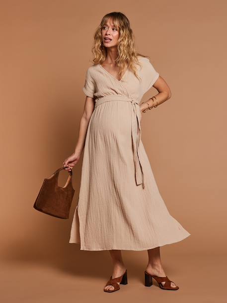 Long Dress for Maternity in Cotton Gauze, by ENVIE DE FRAISE beige+clay beige+navy blue+terracotta 